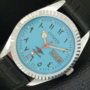 Vintage 1981 Citizen Automatic Mens Silver Watch W/daydate & Blue accents